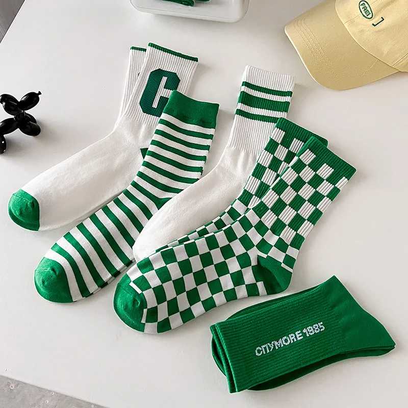 

Fashion Green Plaid Socks Woman Ins Korean Style Letter Cute Socks Spring Summer Cotton White Long Socks Harajuku Calceines