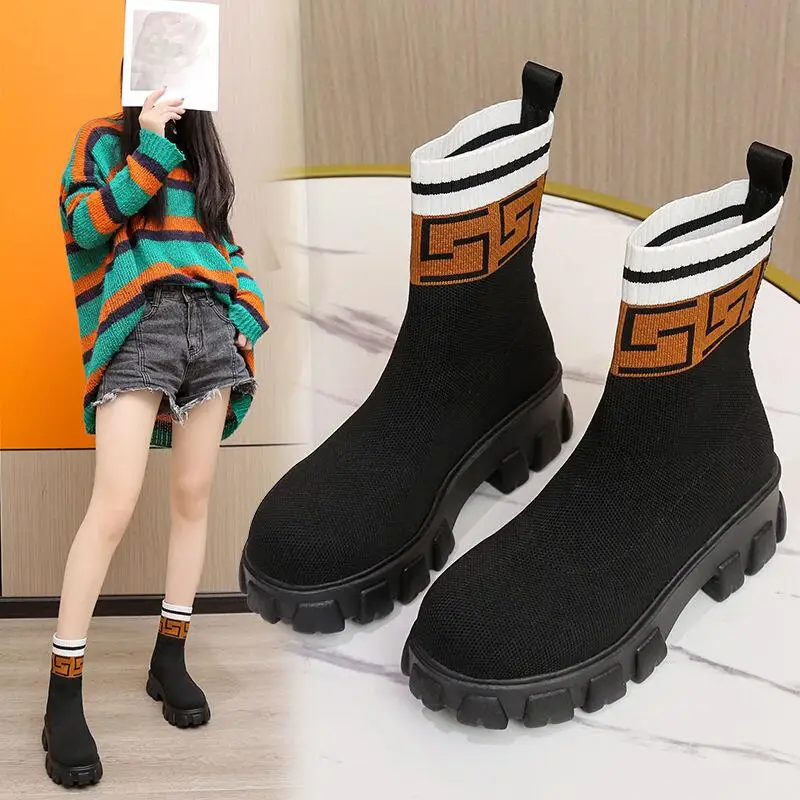 

2023 Autumn Winter New Couple Socks Shoes Women Thick-soled Casual Large Size Net Black Knitted Short Boots Women Botas De Mujer