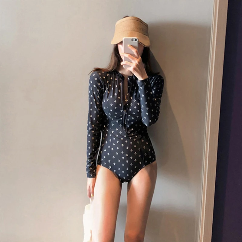 

Fashion Dot Printing Women One-Piece Swimsuit Long Sleeve Sexy Slim Elastic Zipper Sunscreen Swimwear Wholesale