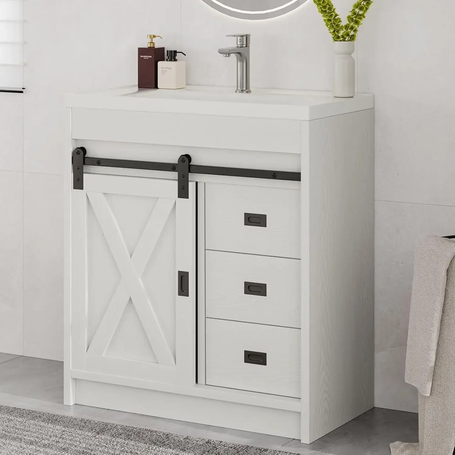 Farmhouse Bathroom Vanity with Sink Combo, 31" Bathroom Sink Cabinet with Drawers & Sliding Barn Door, Bathroom Vanity Cabinet 6
