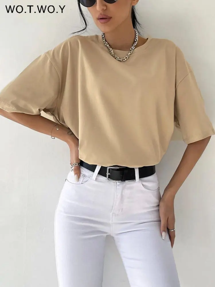 WOTWOY 100% Cotton Smmer T Shirt Women Casal Oversized T-shirt Female Loose Fit Basic Black White Tops Tee Shirt623_voghion.com