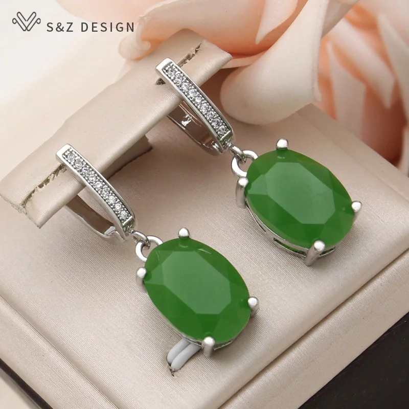 S&Z DESIGN New Fashion Oval Egg Shape Glass Dangle Earrings For Women Elegant Cubic Zirconia Eardrop 585 Rose Gold Color Jewelry