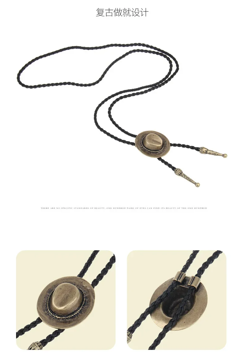 Bolo Tie Hand-knitted Leather Rope Long Sweater Chain Retro Cowboy Hat Necklace Bow Tie