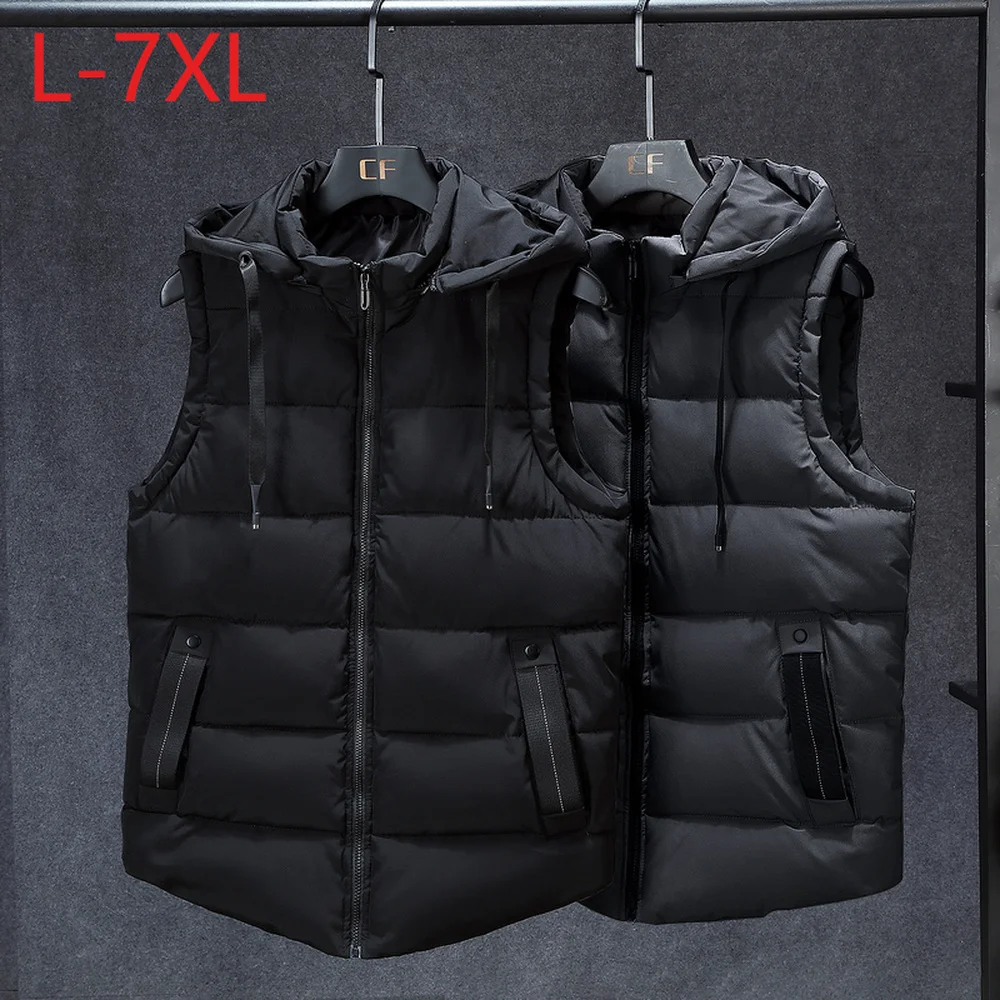 

New Stylish Winter Men Plus Large Size 7XL Vest Hat Detachable Sleeveless Jackets Thick Parka for Unisex Waistcoat Unloading