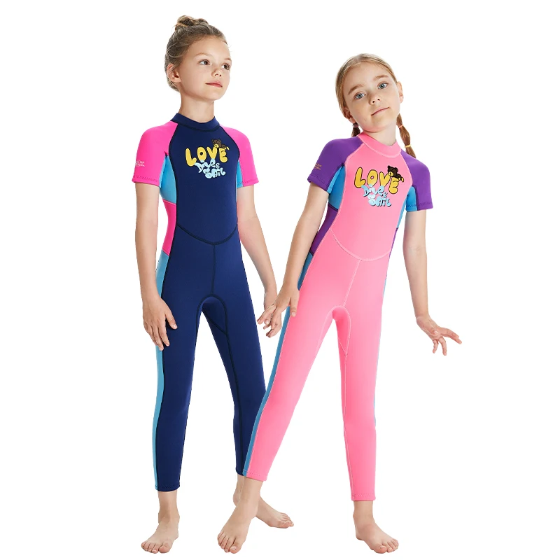 

Girls 2.5mm Thermal Diving Suits One-Piece Kids Surfing Wetsuit Short Sleeve Neoprene Swimsuits for Children