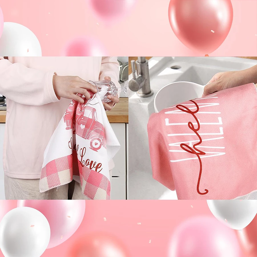 2 Valentine's Day kitchen towels, pink and white checkered 40 * 60cm heart-shaped love truck printed tea towelssuitable for cook