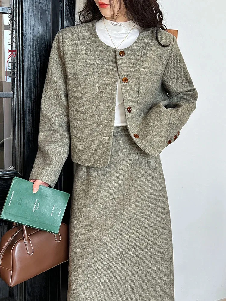 

[LANMREM] Elegant Two Piece Set For Women Round Neck Button Coats High Waist Skirts Office Lady Clothing 2024 Spring New 26D7940