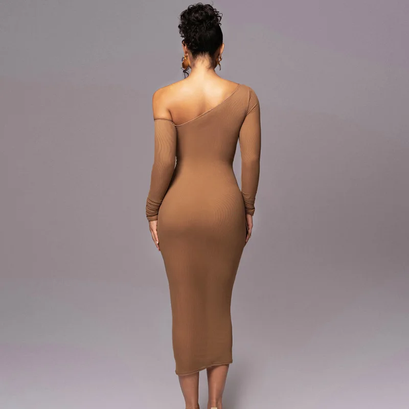 White Mesh Off-Shoulder Maxi Dress Female Long Sleeve Patchwork Fashion Contrast Summer Backless Ladies Party Long Dress
