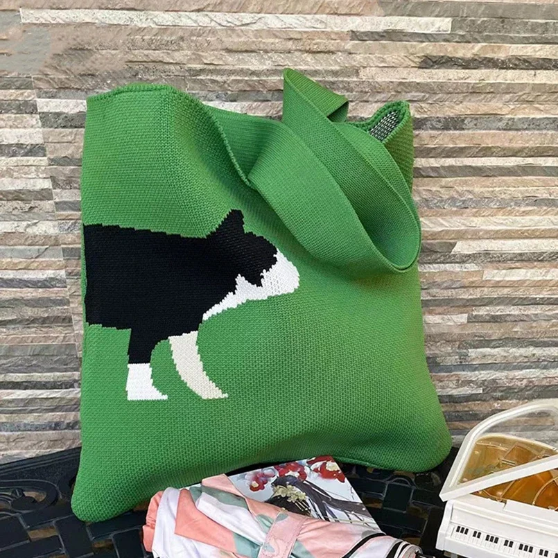 

Женская Мягкая вязаная стильная сумка-тоут с рисунком милого кота и ручками, Повседневная Милая вязаная крючком сумка для покупок большой вместимости, 2024