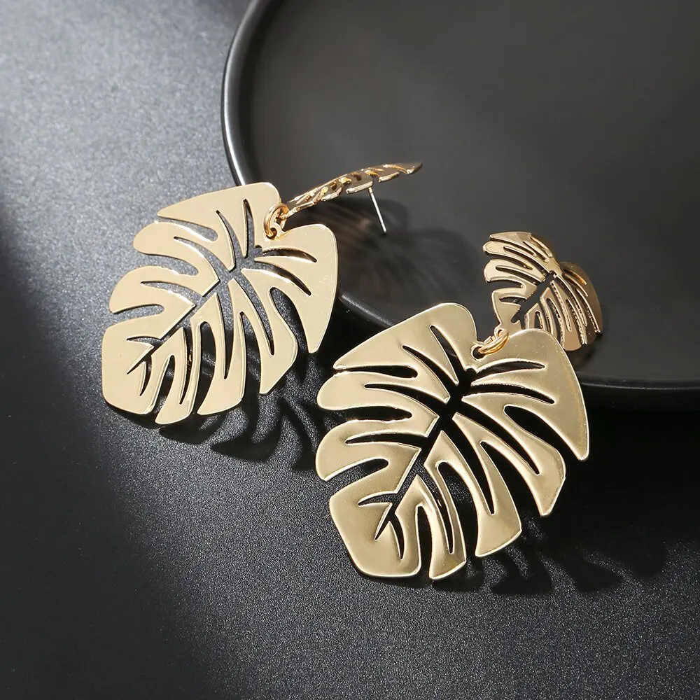 Bohemian Hollow Exaggerated Leaf Dangle Earrings Drop Earrings Long Earrings Golden Earrings For Women Lady Geometric Tropical Plant Jewelry Gifts