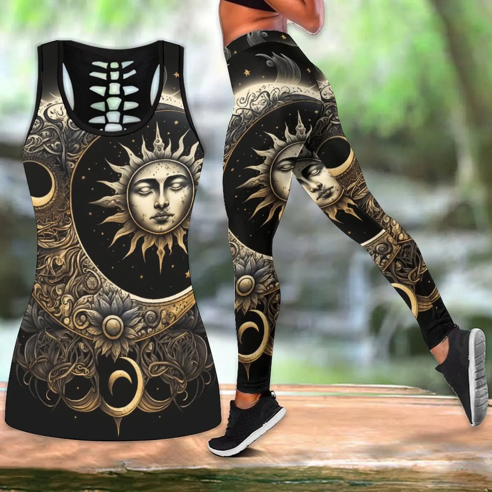 

Women's Summer Fashion Sun Face Moon Face Print Yoga Suit