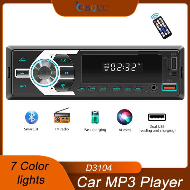 BQCC 1Din MP3 Autoradio FM USB TF AUX Input Stereo Radio Bluetooth Power Protect 7 color lights Dual USB Multimedia Car Audio 1