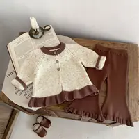 Korean Autumn 2024 Toddler Girl 2PCS Clothes Set Spliced Ruffle Hem Cardigan Solid Knitted Bell Bottom Pant Infant Girls Outfits 4