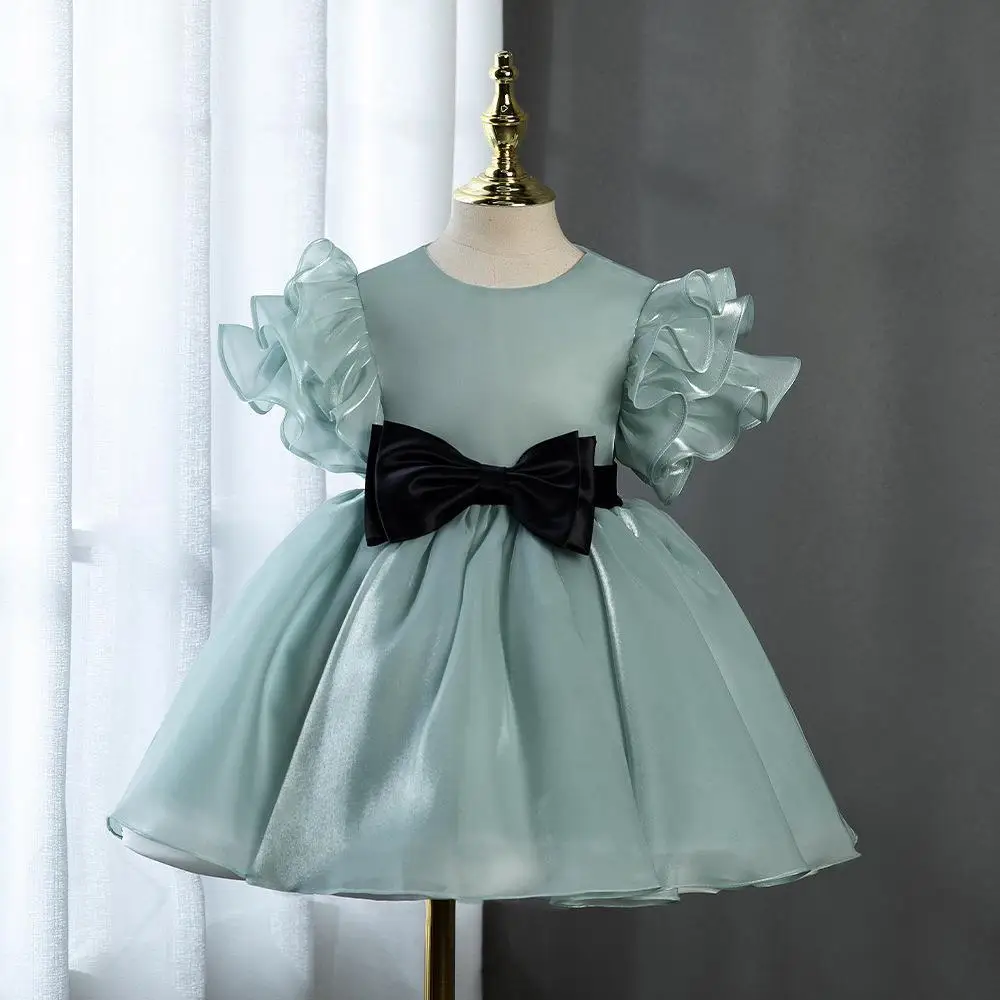 

Kids Petal Sleeve Prom Dress For Girls Flower Elegant Wedding Princess Dresses With Bow Belt Children Birthday Party Xmas Frocks
