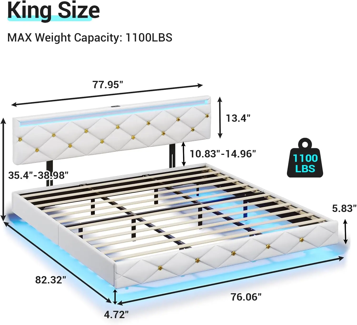 Floating King Bed Frame with LED Lights and USB Ports Modern Upholstered Platform LED Bed Frame King Size,White 2