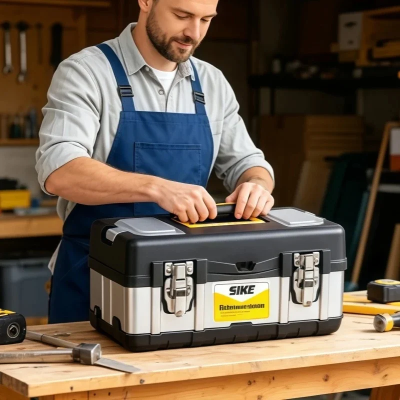 Heavy Duty Portable Tool Box with Removable Tray - 17 Inch Stainless Steel and Plastic Storage Case