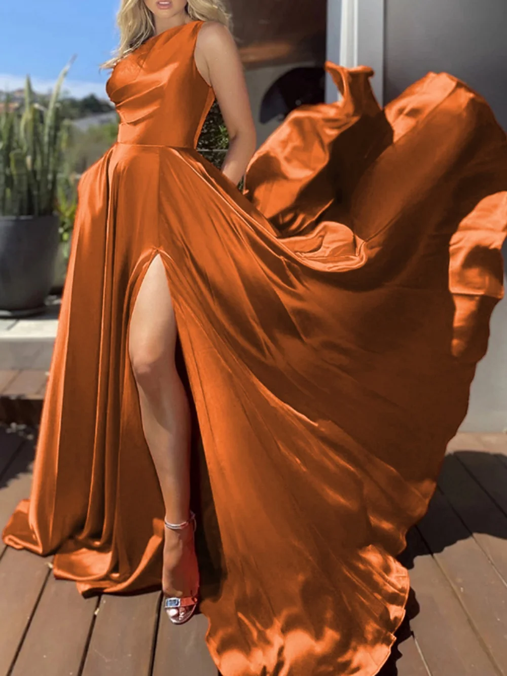 

New Simple Prom Dress One Shoulder Formal Evening Dresses A-Line Plain Pure Satin Floor-Length Side Split Wedding Party Dress