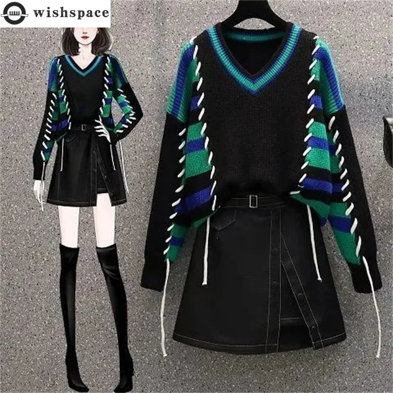 

2022 Winter New Stripe Splice V-neck Knitted Sweater Pullover Casual Denim Skirt Two Piece Elegant Women's Dress Set