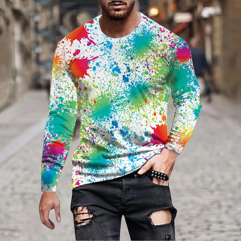 Mens Long Sleeve Tie Dye T Shirt Casual Streetwear