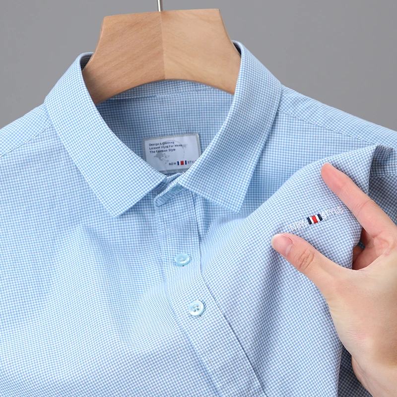 

98%Cotton High Quality Men's Shirt Plaid Embroidery Short Sleeve 2023 Summer British Trend Fashion Breathable Business Clothing