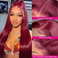 Perruques Lace Front HD 13x4 en Cheveux Humains, Densité 200%, Pré-épilées, Couleur Rouge Vin, Lisses, pour Femmes Noires 3
