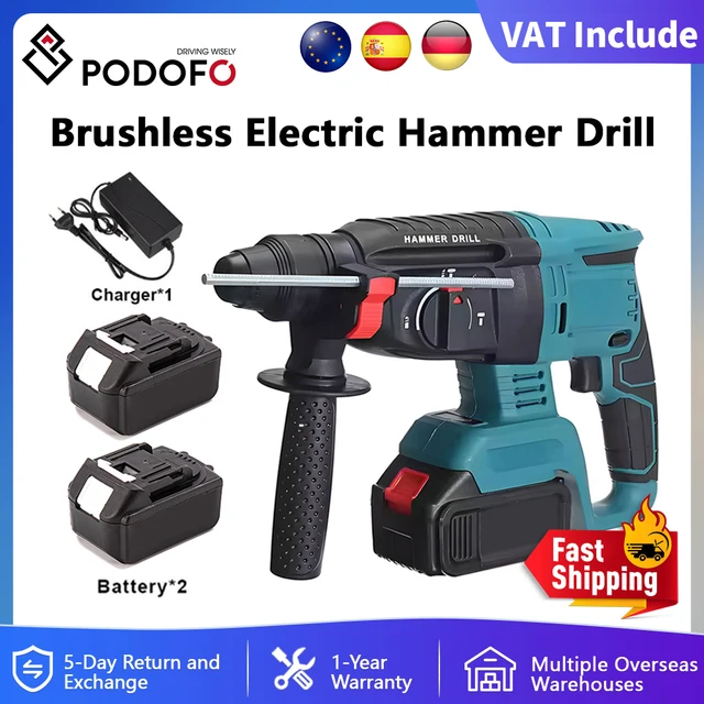 Podofo Perceuse à percussion rotative sans fil sans balais 26 mm 21 V Perceuse à percussion électrique 360 °   Outils électriques à rotation d'amortissement avec 2 batteries 1