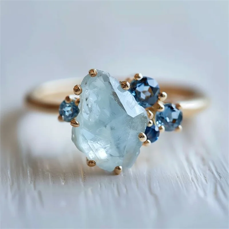 Elegant Blue CZ Inlaid Gold Ring for Women – Trendy Geometric Design for Daily Wear and Special Occasions