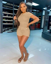  Women Summer Solid Color Two-piece Casual Slim Sports Suit Jogging Cycling T-Shirt Shorts Suit Outdoor Yoga Fitness Clothing 