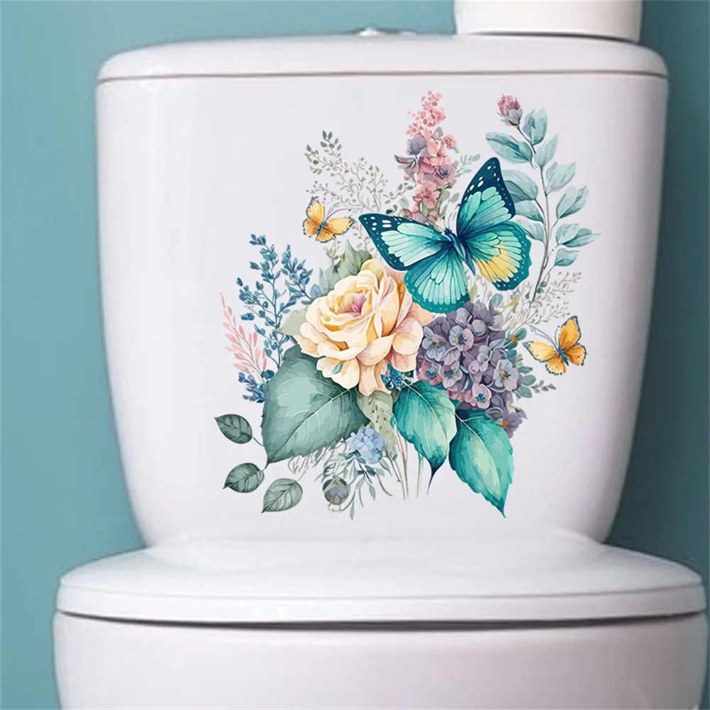Toilet Wall Stickers Flowers Butterfly Pattern Waterproof Removable For Bathroom