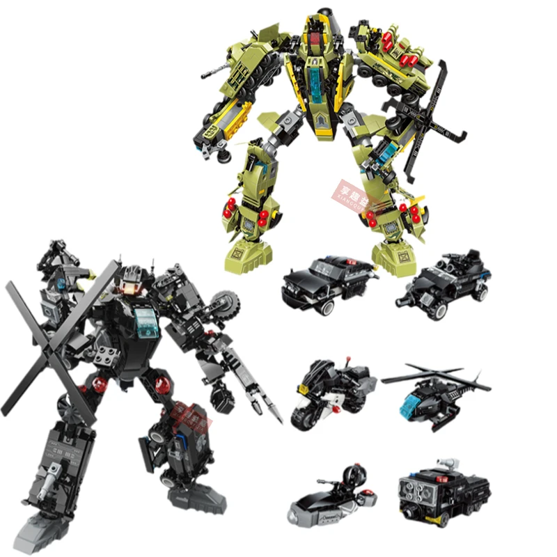 6 In1 Special Police Teamrobot Building Block City Engineering Escavatore Auto Mattoni Giocattolo Per Bambini Dinosaur Gifts Education