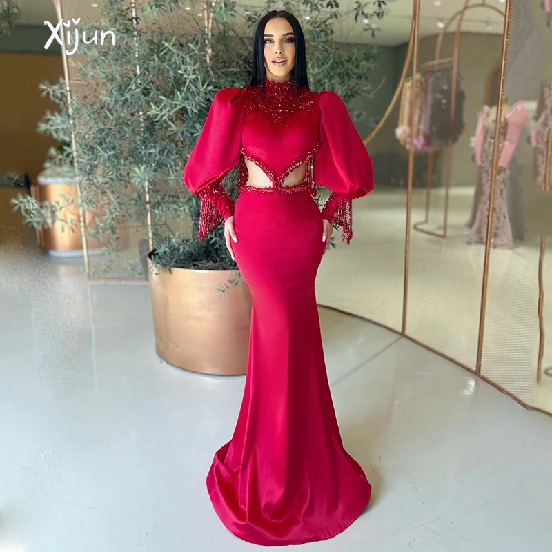 

Xijun арабские бордовые вечерние платья Mermadi с высоким воротом длинным рукавом бахромой Длинные вечерние платья Саудовская Аравия официальное платье для выпускного вечера для женщин