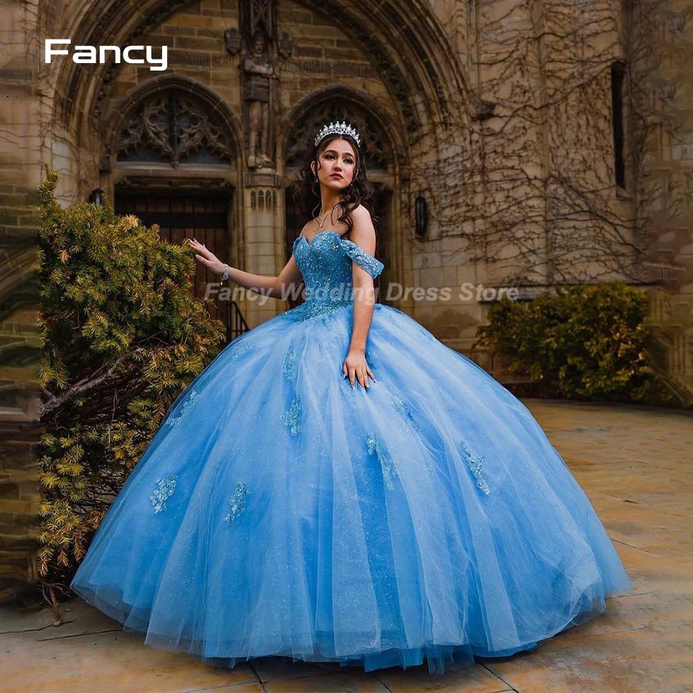 

Fancy Gorgeous Glitter 15 Quinceanera Dresses Off Shoulder Ball Gown Bling Tulle Birthday Party Dress Corset Back Saudi Arabia