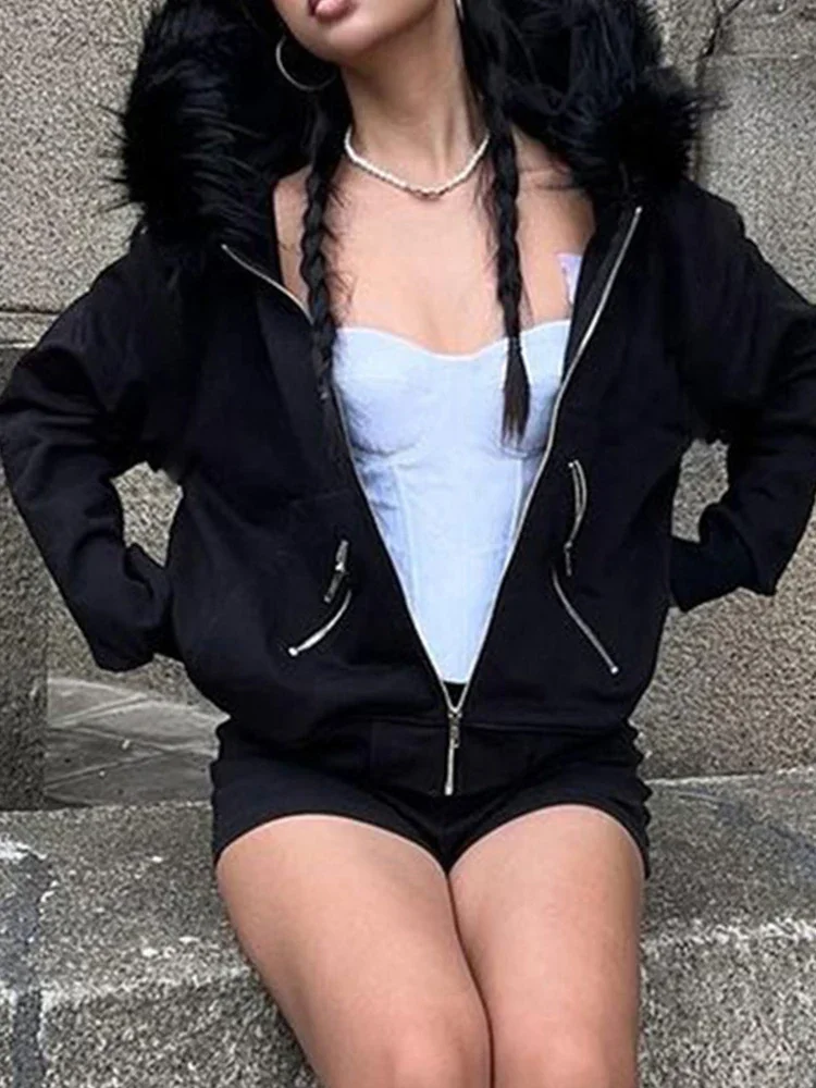

2024 New Dark Academia Gothic Sweatshirt Women Streetwear Harajuku Vintage Y2k E-girl Cyber Punk Fur Collar Loose Cardigan Tops