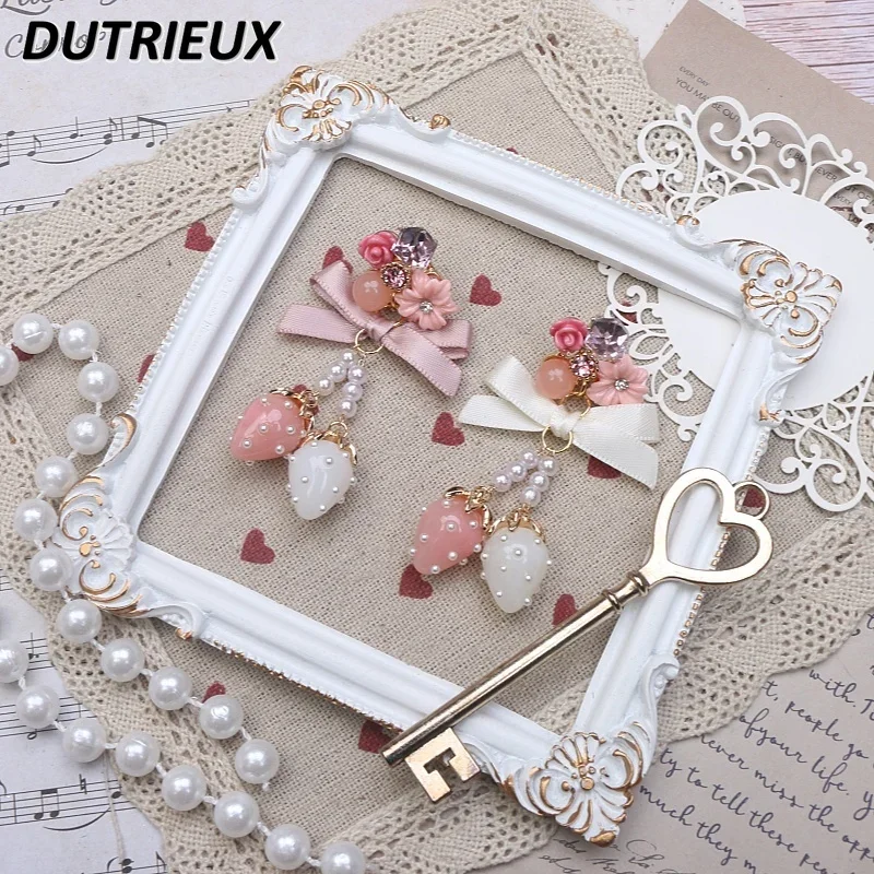 

Japanese Handmade Sweet Cute Strawberry Bowknot Crystal Flower Eardrops Earrings 925 Silver Needle Jewelry Girls' Gifts