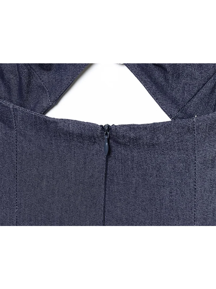 TFMLN 2025 Female Halter Hollow Denim Dress Solid Sleeveless Backless Metal Decoration Midi Dresses Summer Beach Holiday Outfit