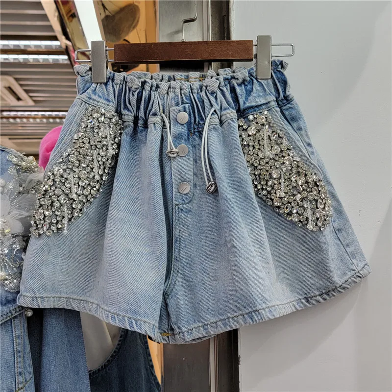 

2024 Summer New Heavy Industry Diamond Studded Beads High Waist Slim Wide Leg Denim Shorts Women Pants LX177