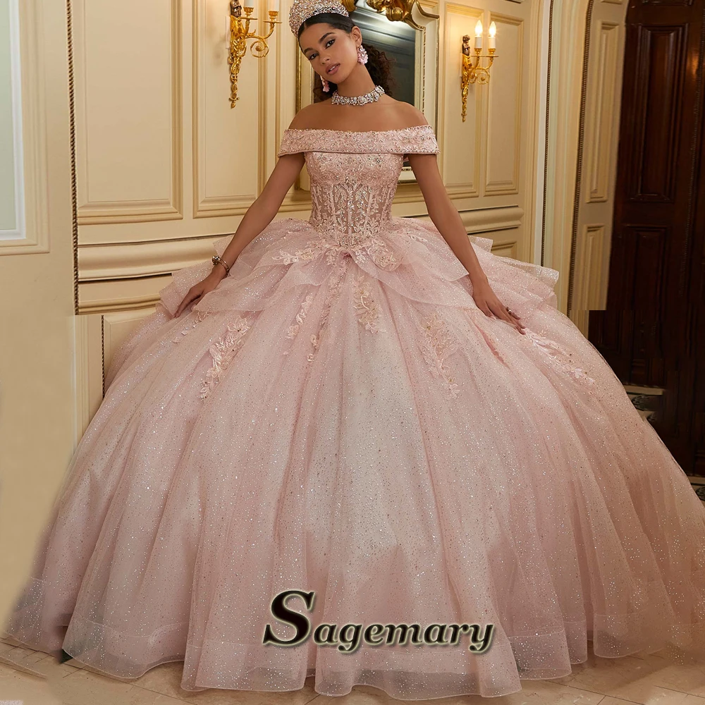 Quinceanera Dresses For Teens Ball Gown Bow Layered Corset Off the Shoulder Rhinestones Appliques Customised