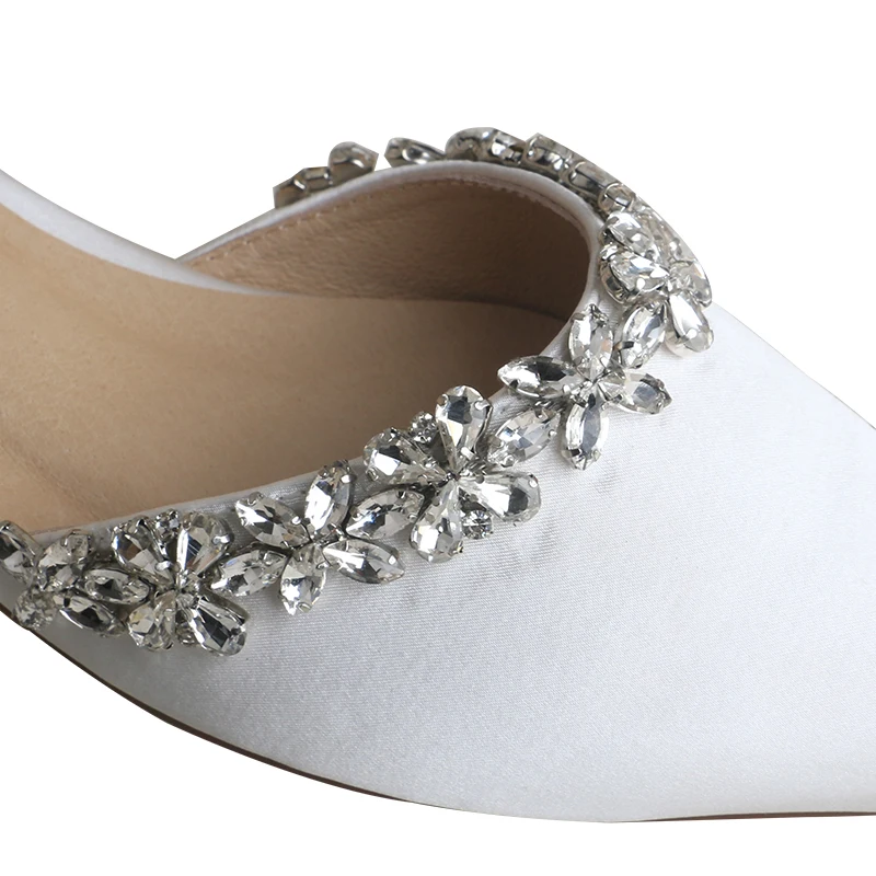 Venus Lure Wedding Flat Shoes Pointed Toe Satin Ivory Bridal Shoes Crystal Brooch