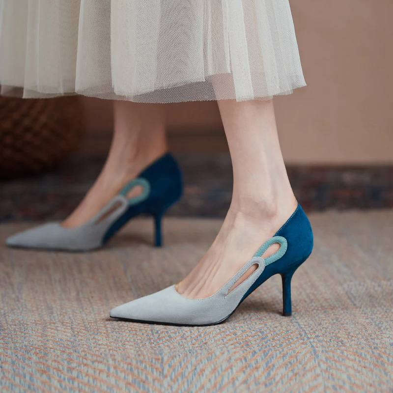 

New Sheep Suede Slip-On Women Shoes Spring/Autumn Hollow Shallow Pumps Pointed Toe Thin Heels Fashion Mixed Color Shoes Women