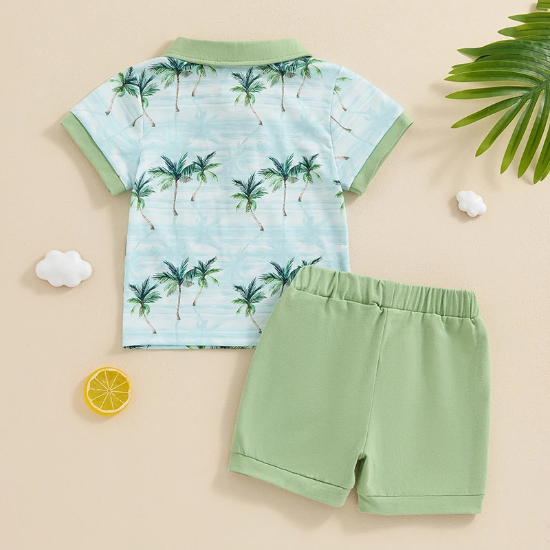 

Комплект с шортами для мальчиков, рубашка с коротким рукавом и принтом дерева, с эластичным поясом, летняя одежда