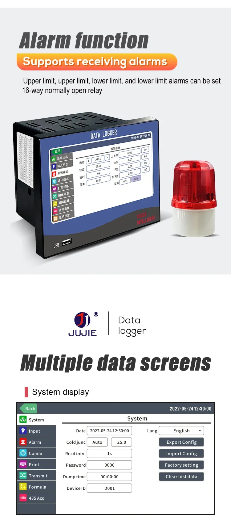 7 inch Multi-channelTouch Screen temperature humidity data logger 8/16 channel t