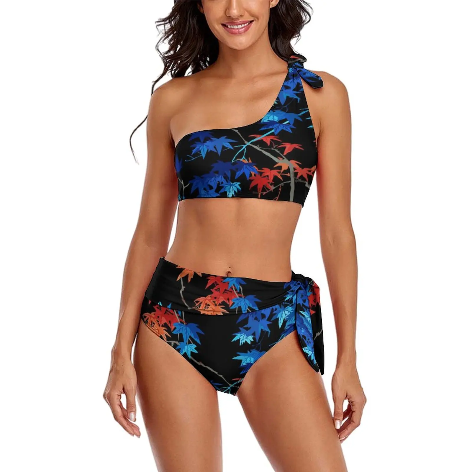

Сексуальный элегантный купальник бикини с листьями, красный и синий купальник на одно плечо, стандартный комплект с галстуками, пляжные наряды