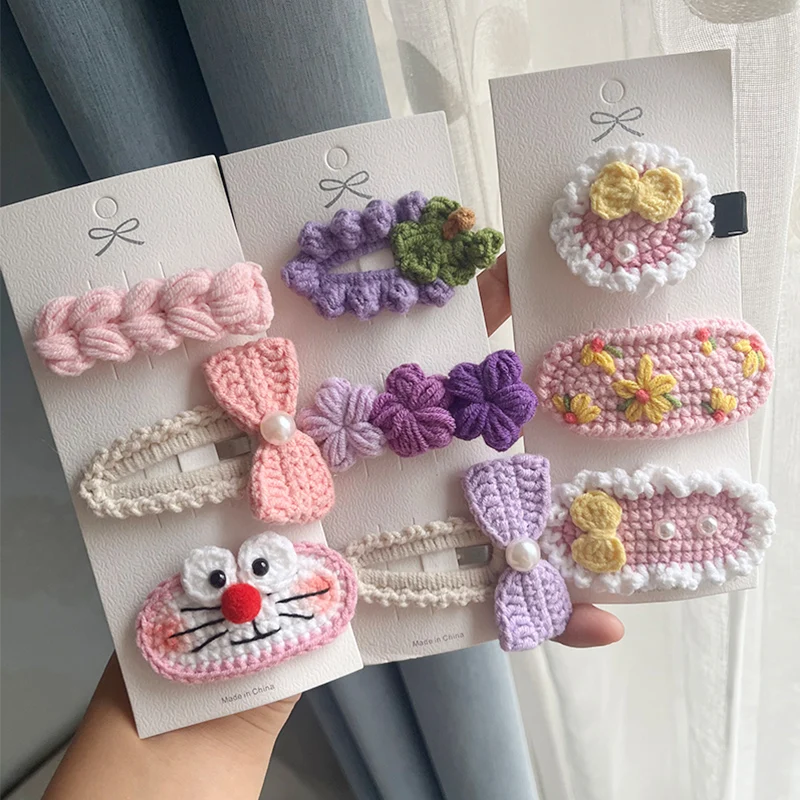 

2-3Pcs Handmade Crochet Rainbow Frog Grape Purple Bow Hair Clip Wool Knitting Elegant Hairpins