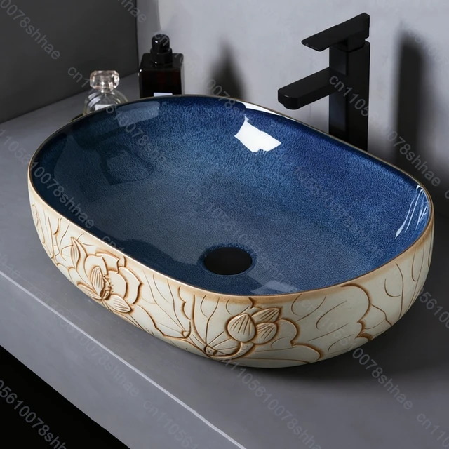 อ่างล้างหน้าเซรามิกสไตล์เรโทร อ่างล้างหน้าแบบวางบนเคาน์เตอร์ อ่างล้างหน้าดีไซน์ศิลปะสำหรับบ้าน อ่างล้างหน้าเซรามิกแบบวางบนเคาน์เตอร์ สไตล์วินเทจ 2