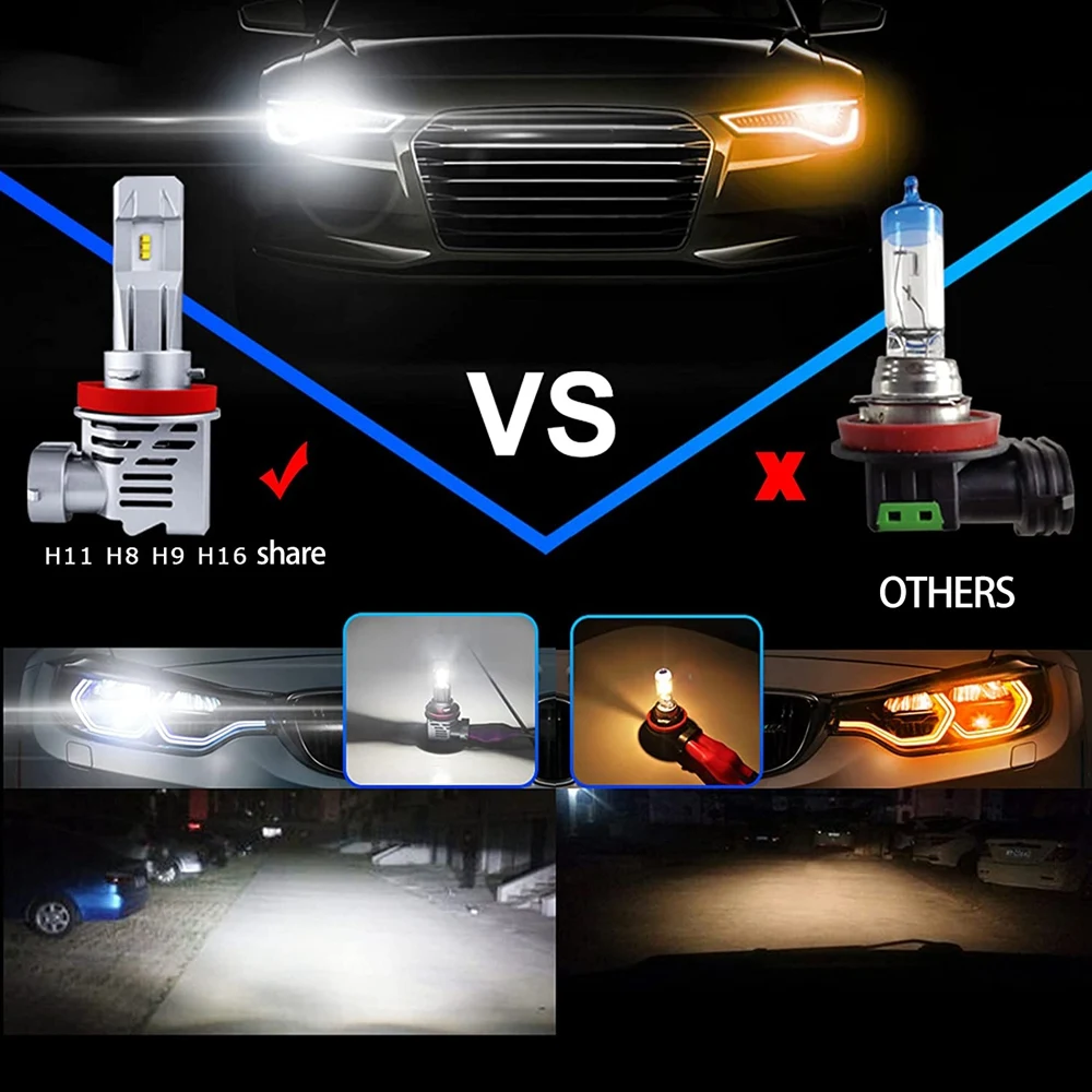 H11 H8 H9 H16 LED Headlight Bulbs 12000Lm Per Set 6500K Cool White Wireless Headlight LED Bulb Pack of 2 3