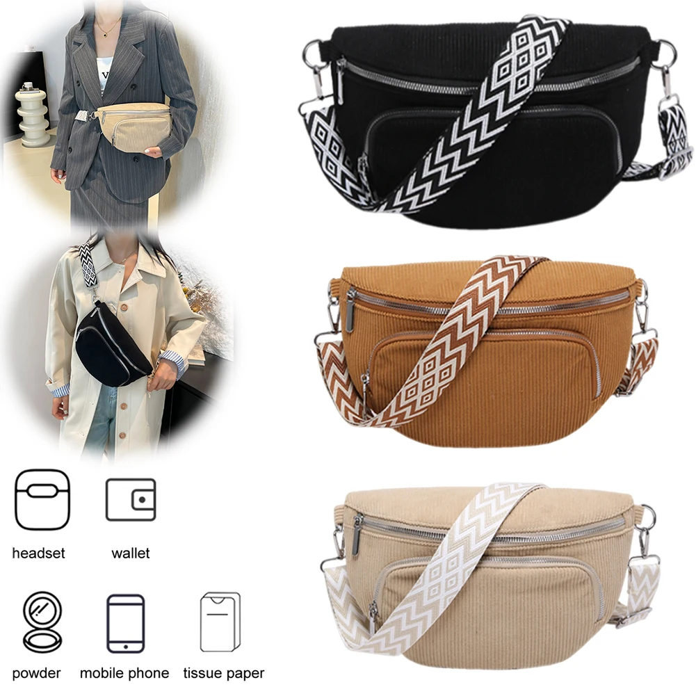 Corduroy Chest Bag Stylish Crossbody Bag Wide Guitar Strap Vintage Shoulder Bag Multi-pockets Casual Waist Bag Casual Sports Bag
