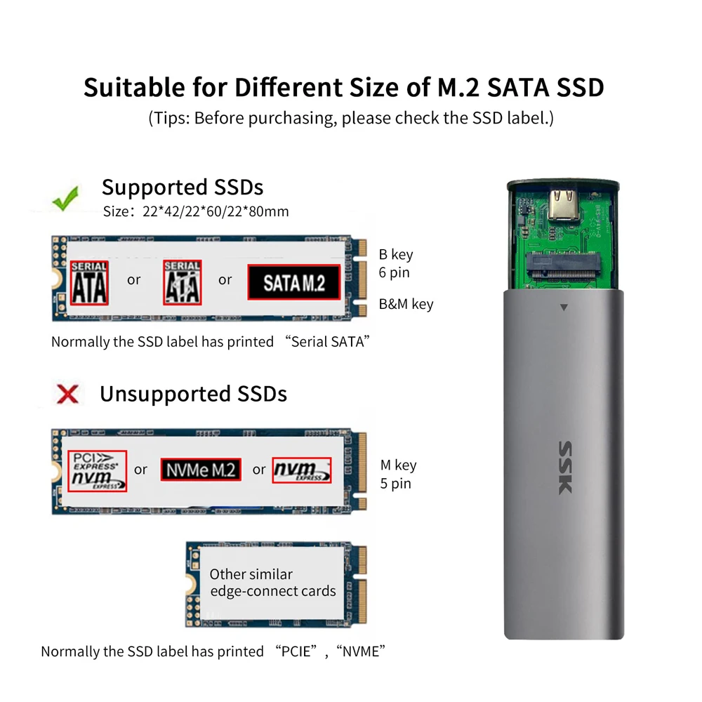 SSK Aluminum M.2 SATA SSD Enclosure Type-C External SSD Adapter Tool-Free Support UASP Trim for M.2 NGFF B Key/B + M Key PC Case