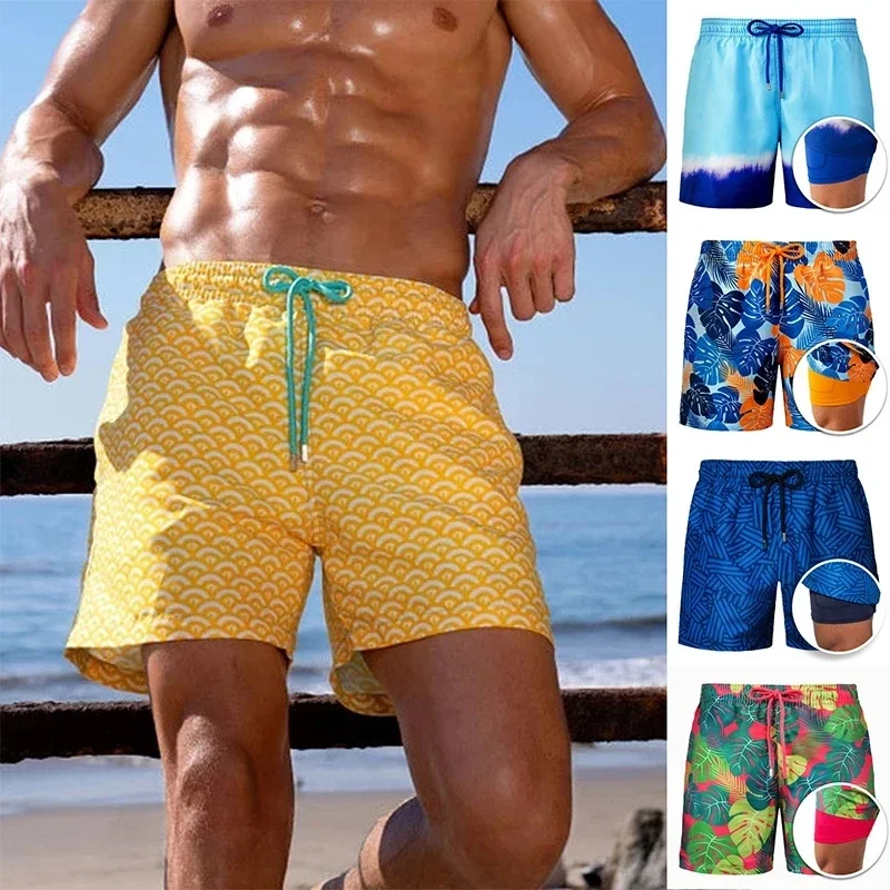 Pantalones cortos de playa para hombre, Shorts deportivos con estampado de doble capa, informales, de secado rápido, florales, para gimnasio, Verano