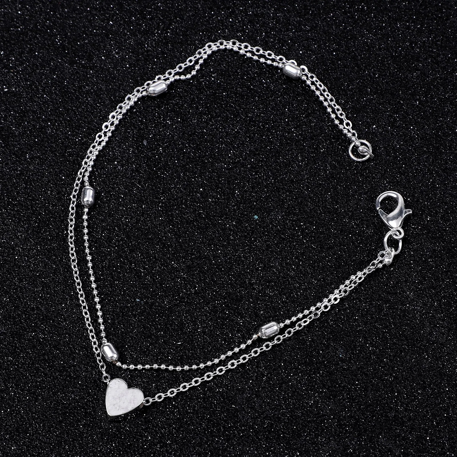 Silver Anklet Bracelet Ankle Chains Beads Anklet Simple Heart Female Anklets Barefoot Crochet Sandals Foot Jewelry Leg
