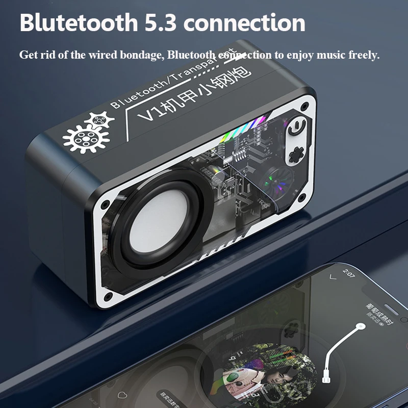 Mini Portable Bluetooth Speaker Wireless Transparent Bluetooth Soundbar Subwoofer with Colorful Light TF Card MP3 Music Player